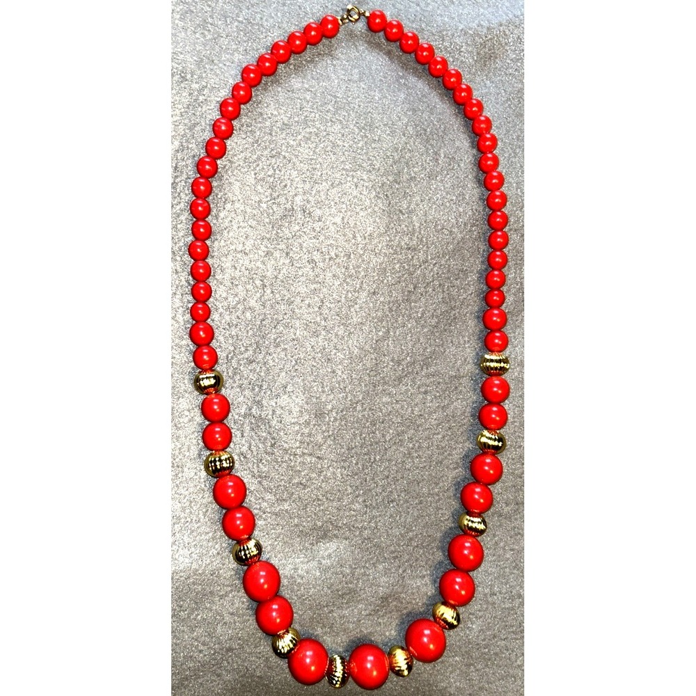 VTG Red and Gold Beaded Plastic Ball Chain Necklace 28"